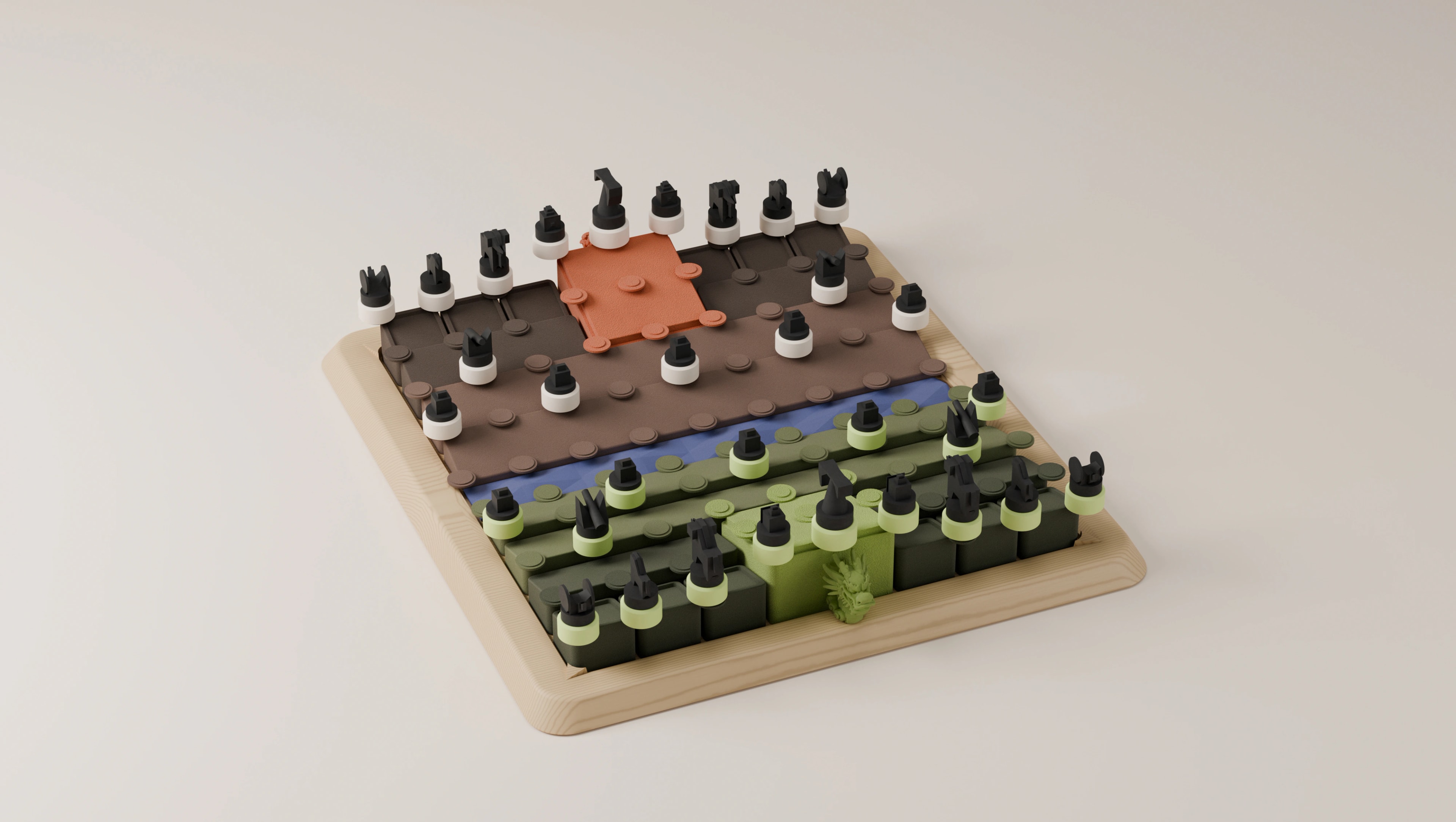 The XIANGQI board at a three-quarter angle with pieces set out: stepped brown and green bands rise away from the recessed blue river, the palaces stand as raised blocks, and black pieces on white and light-green bases sit on the markers at every level