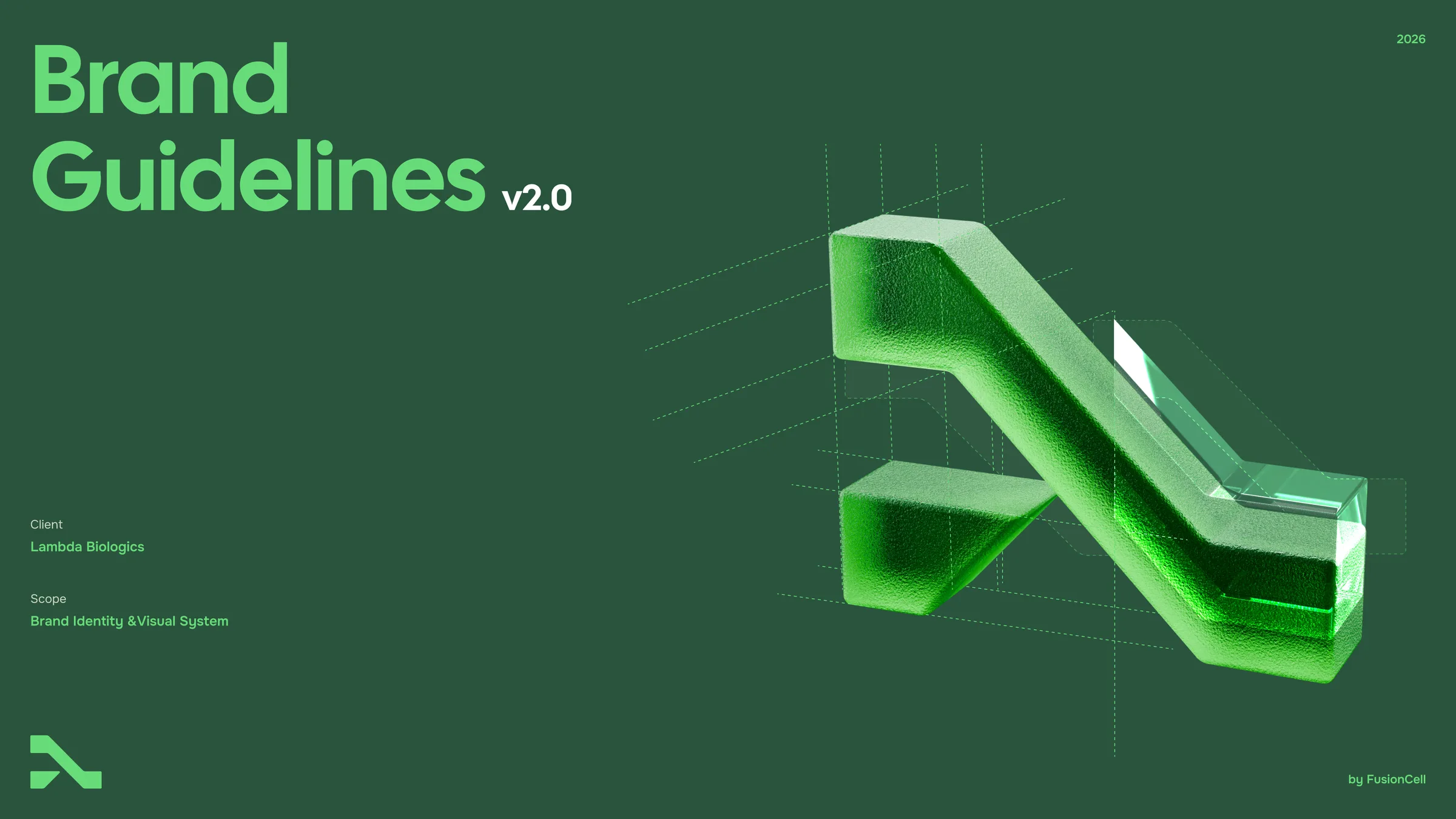 The Lambda Biologics guidelines cover: 'Brand Guidelines v2.0' in Vital Green on Lambda Green, beside the lambda symbol rendered as a frosted green 3D form over a dotted construction grid