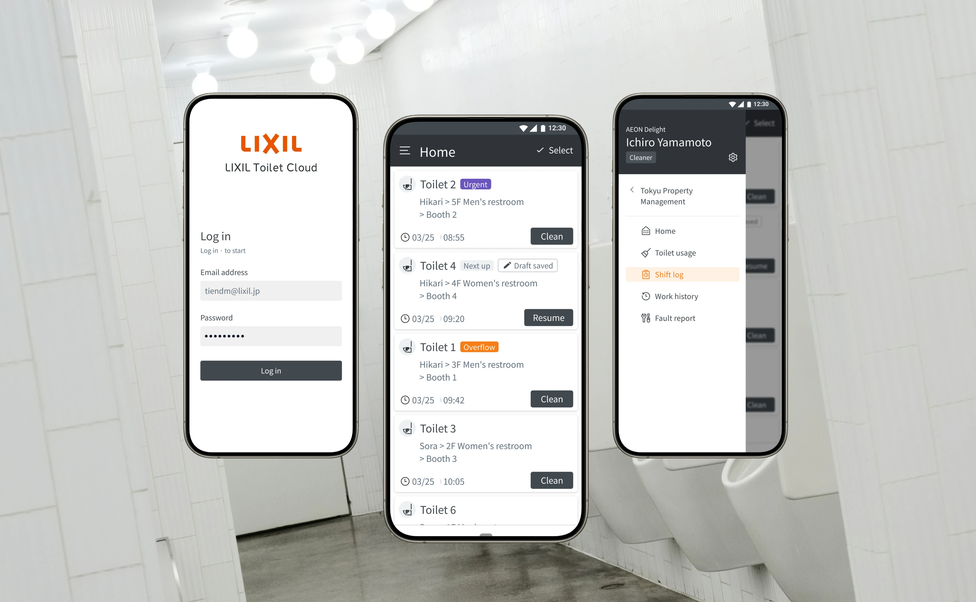 Three phones in front of a white-tiled restroom showing Lixil Toilet Cloud's log-in, home and side menu screens; home lists toilets to clean with Urgent, Next up and Overflow tags, a saved draft and Clean buttons