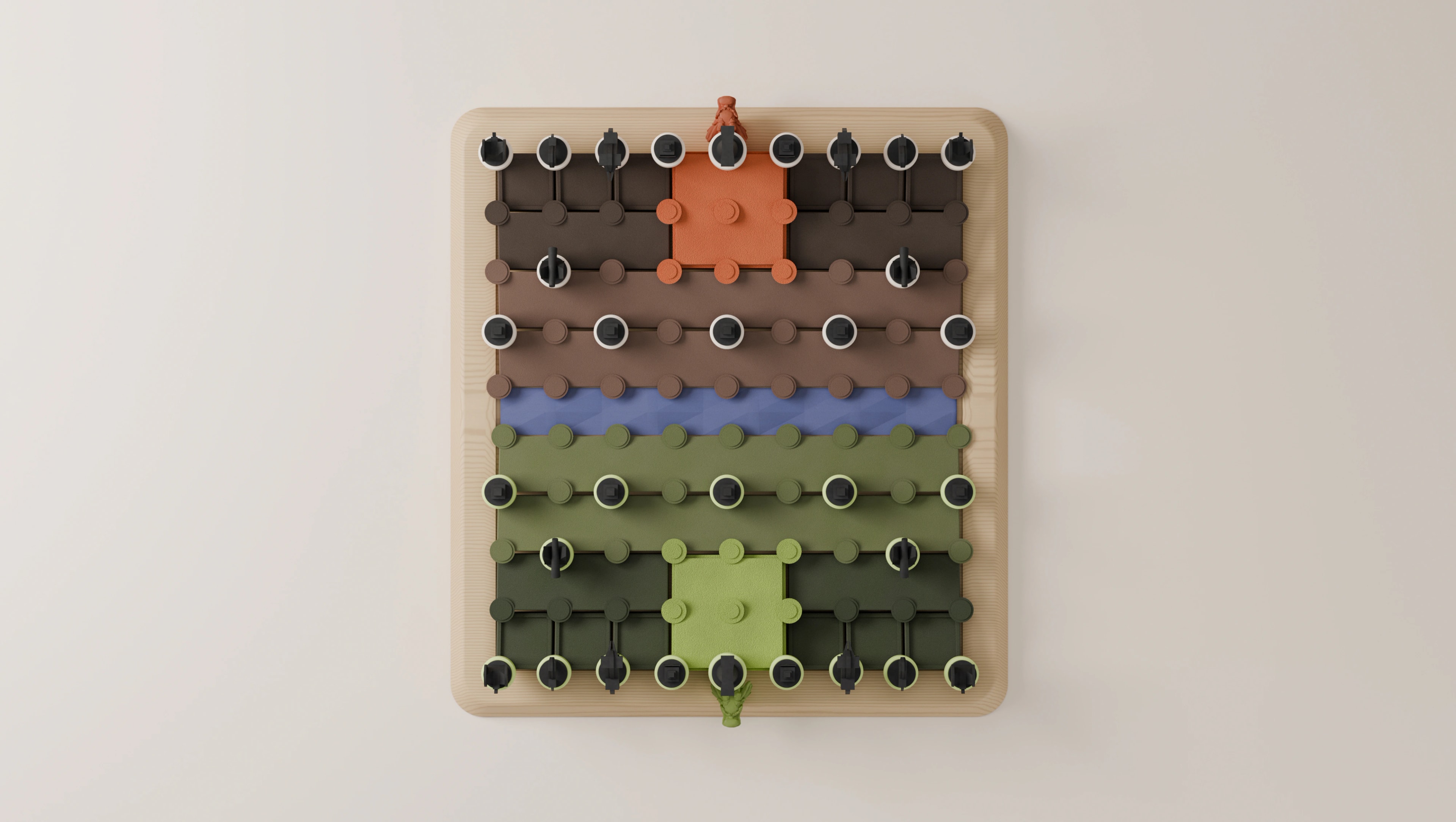 The XIANGQI board from directly above in its starting position: a brown territory with a terracotta palace and a green territory with a light-green palace, split by the blue river, black pieces on white bases and on light-green bases standing on the circular markers of the nine-by-ten grid, a small dragon at each end of the wood frame