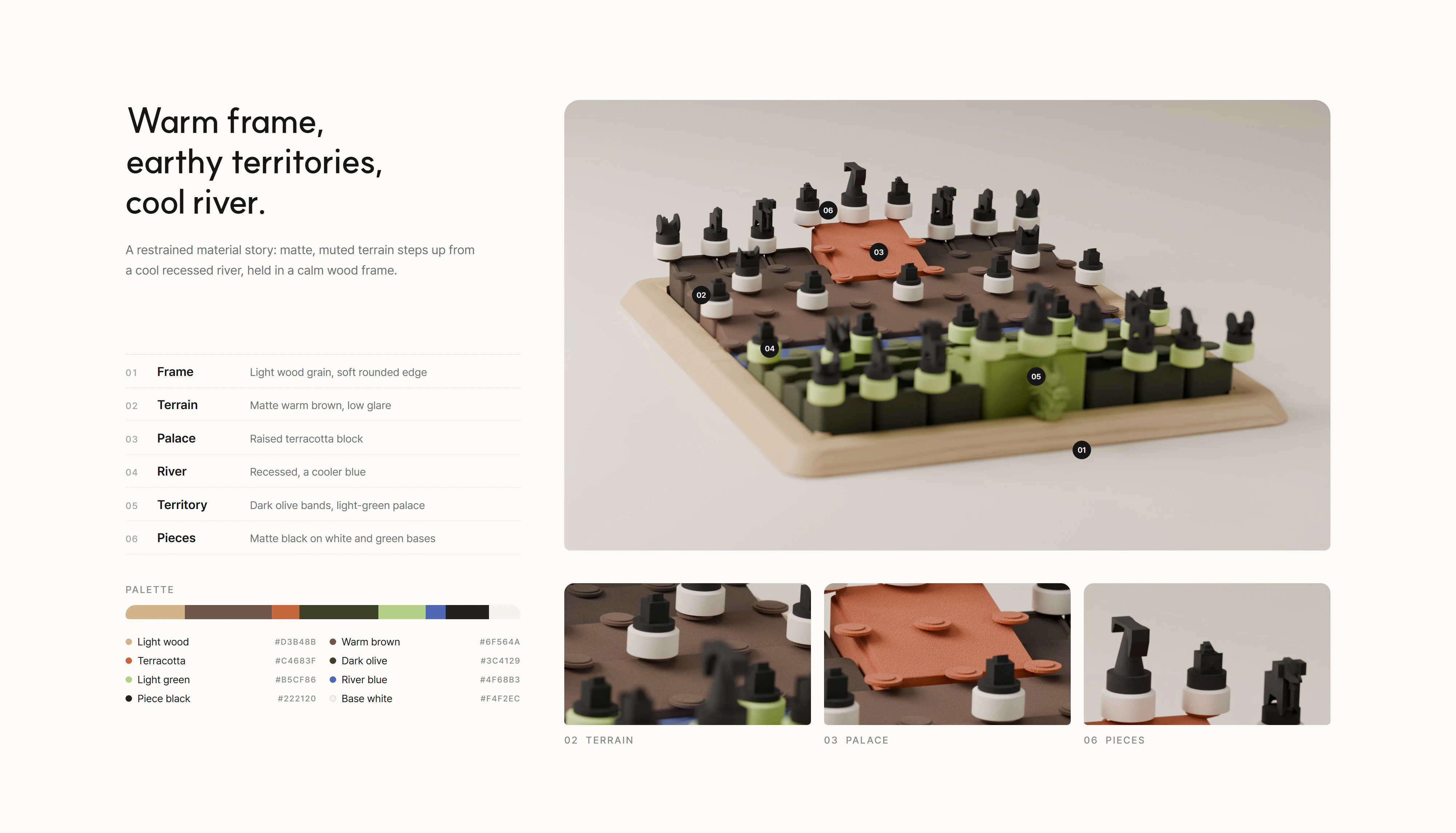 XIANGQI CMF board: the board render with six numbered materials - light wood frame, matte warm-brown terrain, raised terracotta palace, recessed blue river, dark olive bands with a light-green palace, and matte black pieces on white and green bases - an indexed list of their finishes, a palette strip with hex values, and close-ups of the terrain, palace and pieces