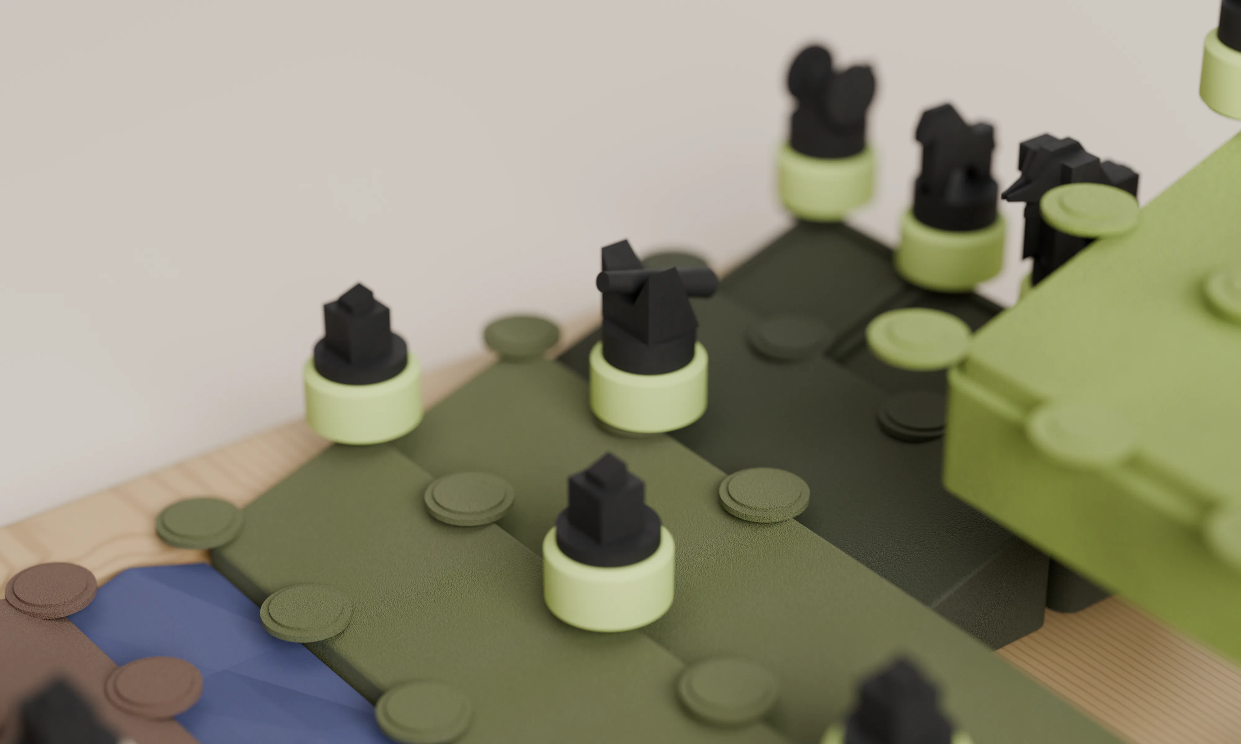 Close-up of the green territory: dark olive bands stepping up towards the raised light-green palace, pieces on light-green bases on the circular markers, and the blue river and brown side just visible at the lower left