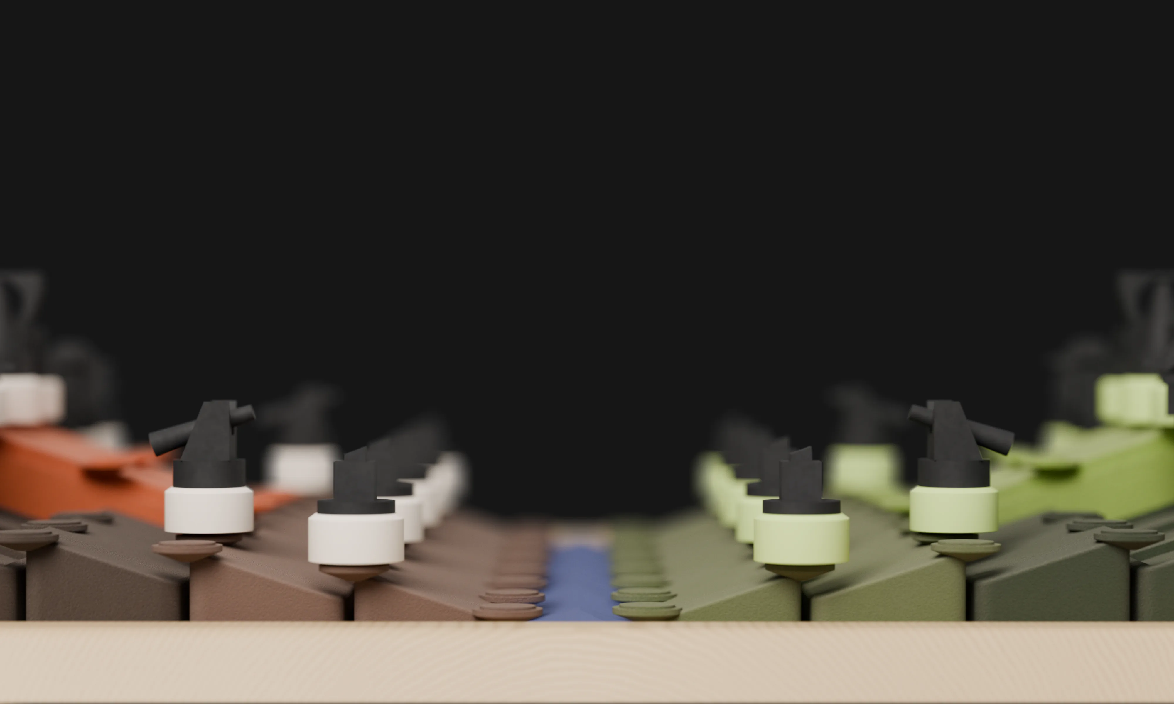 The XIANGQI board seen almost level with its surface against a dark background: the brown side with its terracotta palace on the left and the green side on the right, rows of pieces on white and light-green bases facing each other across the narrow blue river in the centre