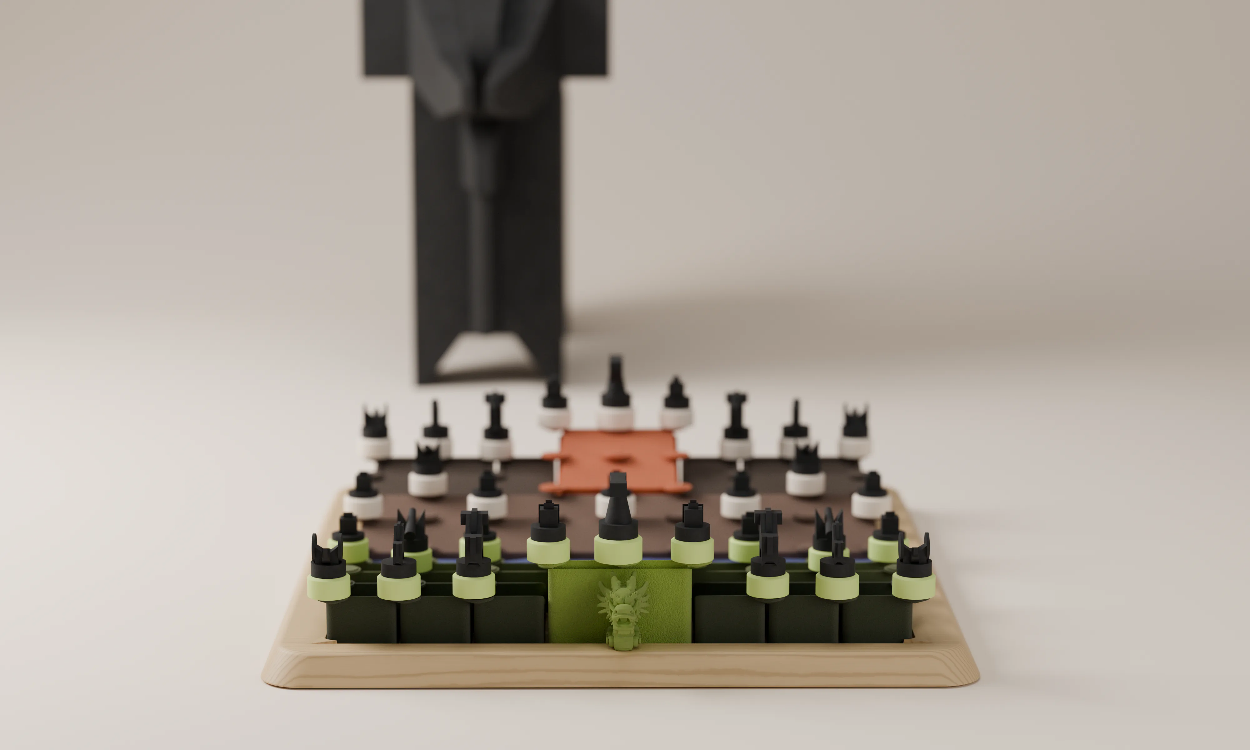 The complete XIANGQI set seen from the front on its pale wood frame, pieces in their starting positions on both territories, the terracotta palace behind and a small green dragon at the near edge, with a tall dark sculpture out of focus in the background