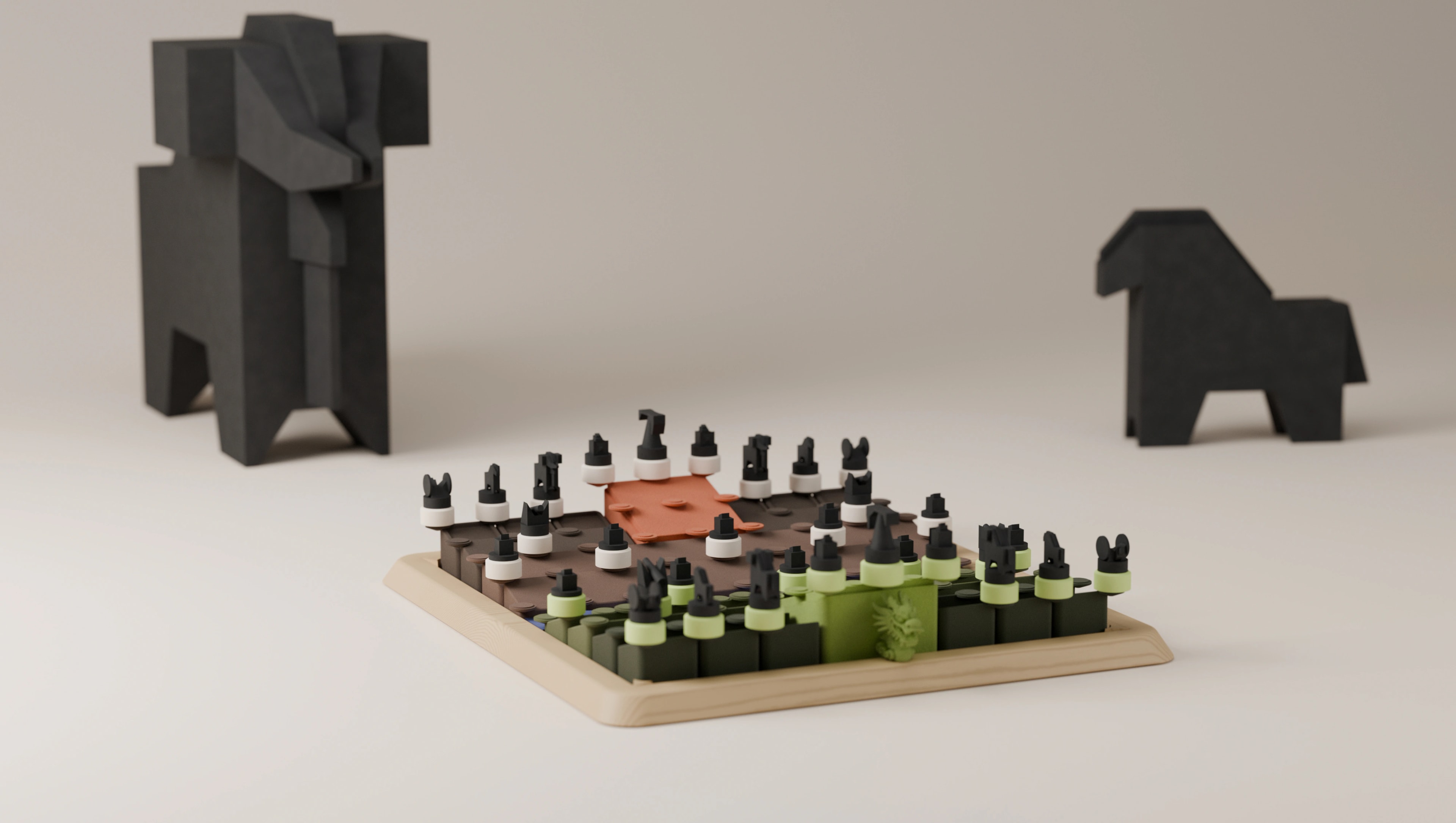 The XIANGQI board in its starting position seen from a low, seated angle, black pieces on white and light-green bases standing across the raised palaces and stepped bands, with two large faceted sculptures of an elephant and a horse out of focus in the background