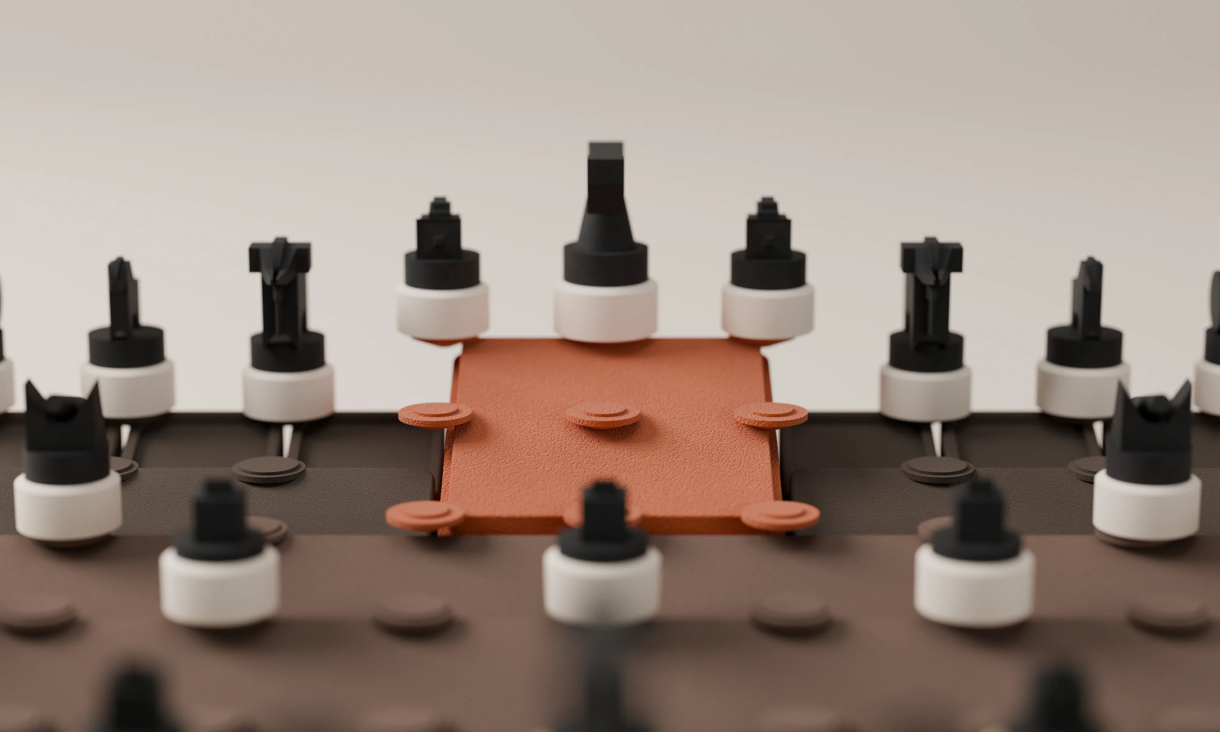 Close-up of the brown territory: the raised terracotta palace with its circular markers, the general and advisors on white bases standing at its far edge, and more pieces on the stepped brown bands in front, softly out of focus