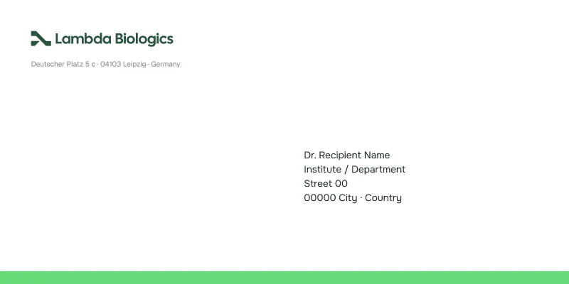DL envelope front: the logo top-left, the address window and a Vital Green strip