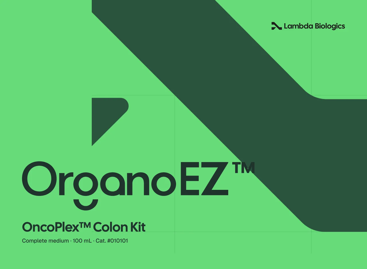 Kit box lid in Vital Green: the supergraphic, a large OrganoEZ wordmark and 'OncoPlex™ Colon Kit'