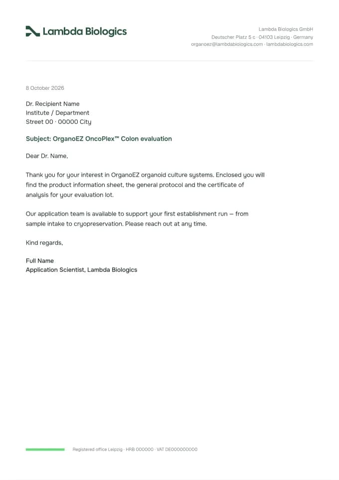 A4 letterhead: the logo top-left, address block, letter text and a Vital Green strip at the foot