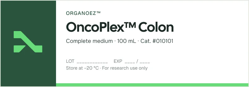 Vial label: the symbol on a Vital Green panel, 'OncoPlex™ Colon' and the specs