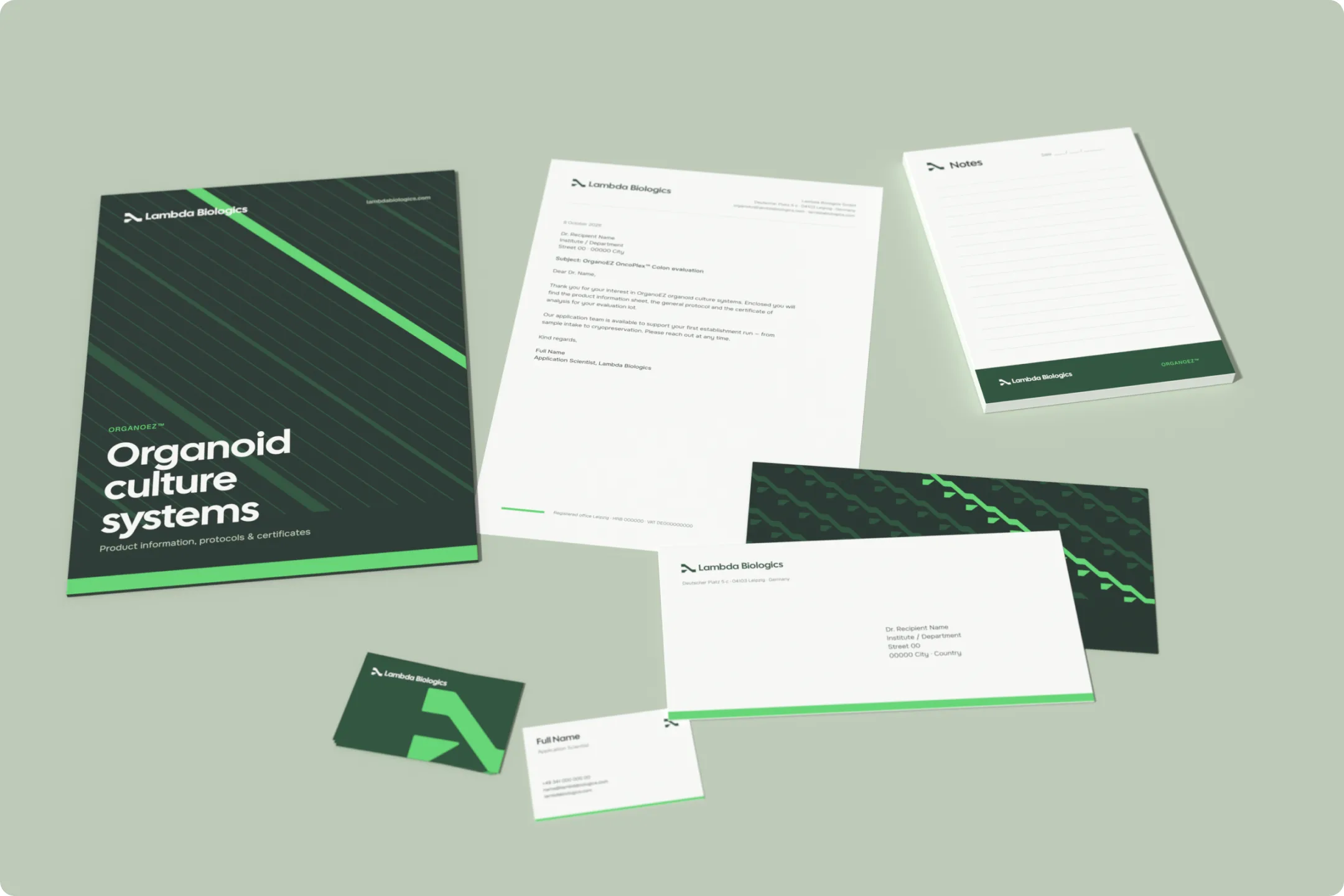 The stationery set on a pale green ground: a folder with the Lines pattern, a letterhead, a compliment slip, envelopes and business cards