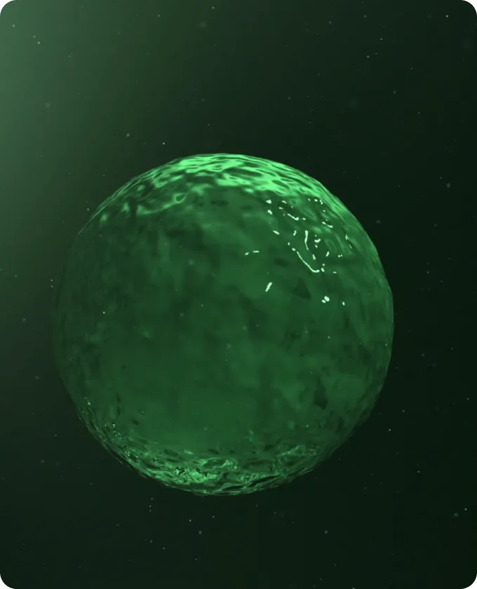 A glowing green organoid sphere in dark space