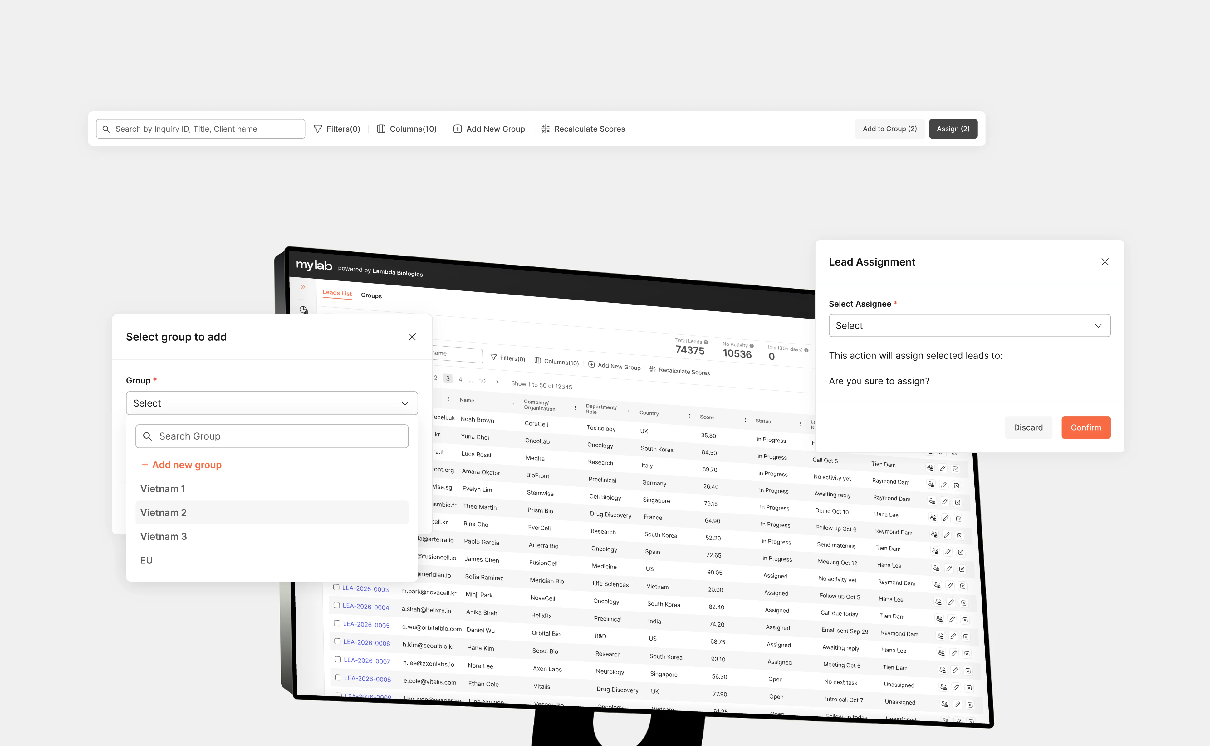 The MyLab CRM leads list on an angled monitor with two leads selected, the filter bar called out above it - search, filters, columns, add new group, recalculate scores, Add to Group (2) and Assign (2) - and the two bulk-action dialogs floating beside it: Select group to add, with a group search and groups such as Vietnam 1, Vietnam 2, Vietnam 3 and EU, and Lead Assignment, with an assignee picker and Discard and Confirm buttons