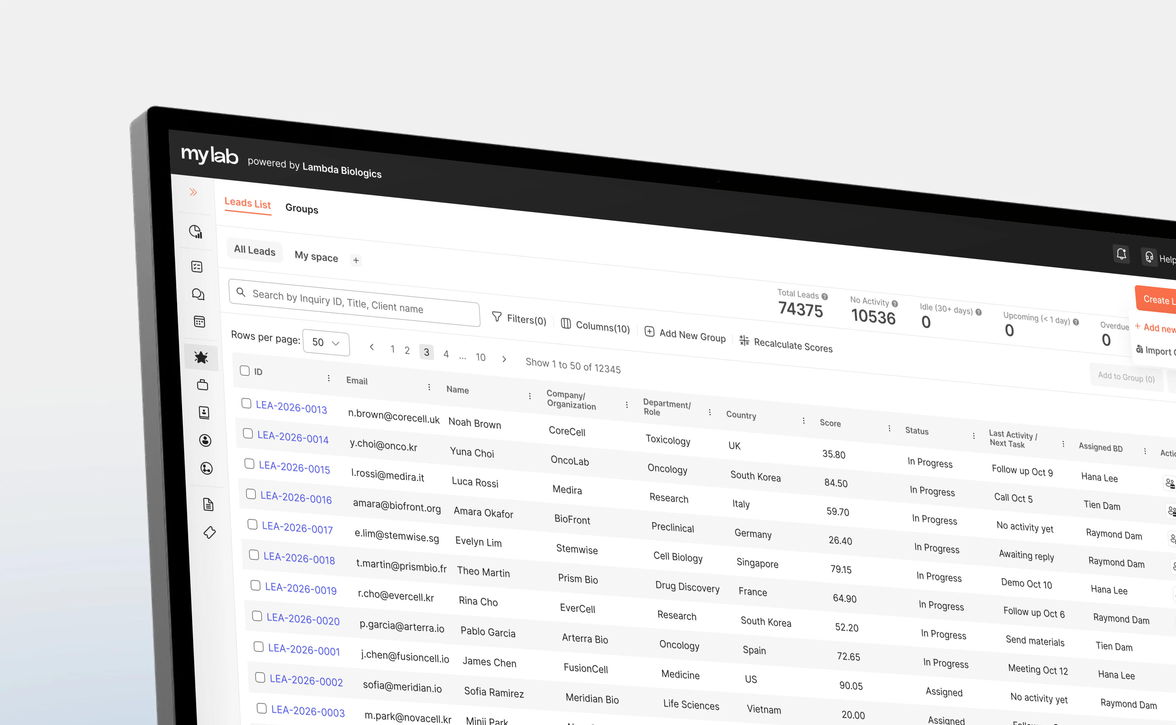 The MyLab CRM leads list on a monitor seen at an angle: Leads List and Groups tabs, lead KPIs for total, no activity, idle, upcoming and overdue leads, search and filters, and a table of biotech leads with IDs, contacts, companies, scores, statuses, next tasks and assigned BD